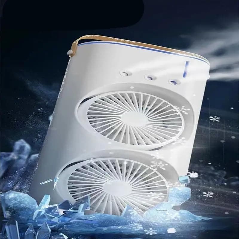 Portable Double‑Ended USB Rechargeable Spray Fan – Dual‑Blade Mini Desktop Cooling Fan with Mist & 360° Rotation, 3 Speeds & Remote Control – Personal Table Fan for Office, Home & Outdoor (White) - Image 2