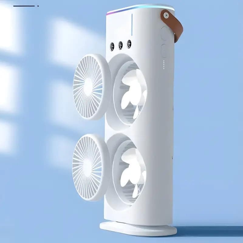 Portable Double‑Ended USB Rechargeable Spray Fan – Dual‑Blade Mini Desktop Cooling Fan with Mist & 360° Rotation, 3 Speeds & Remote Control – Personal Table Fan for Office, Home & Outdoor (White) - Image 3
