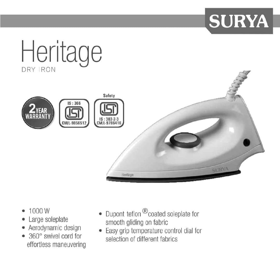 SURYA HERITAGE 1000W Dry Iron (Grey) - Image 2